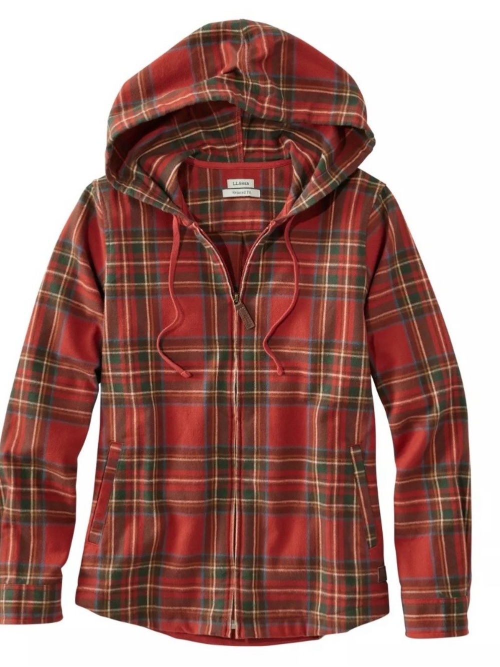 L.L. Bean Women's Red and Green Plaid Hooded Zip Jacket